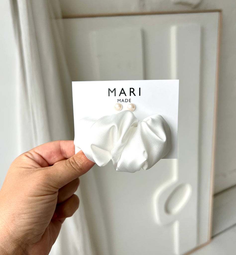 White Scrunchie Barrette and Swarovski Earrings