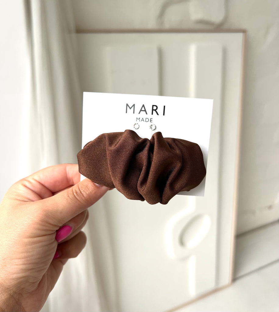 Brunette Scrunchie Barrette and Swarovski Earrings