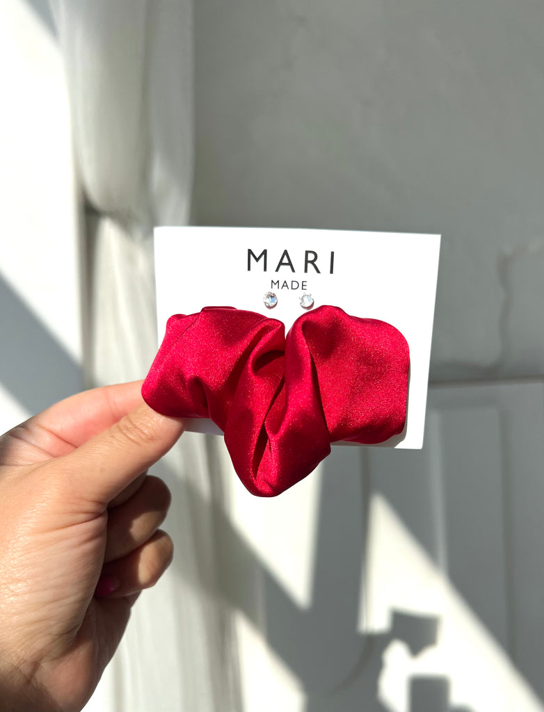 Dark Red Scrunchie Barrette and Swarovski Earrings