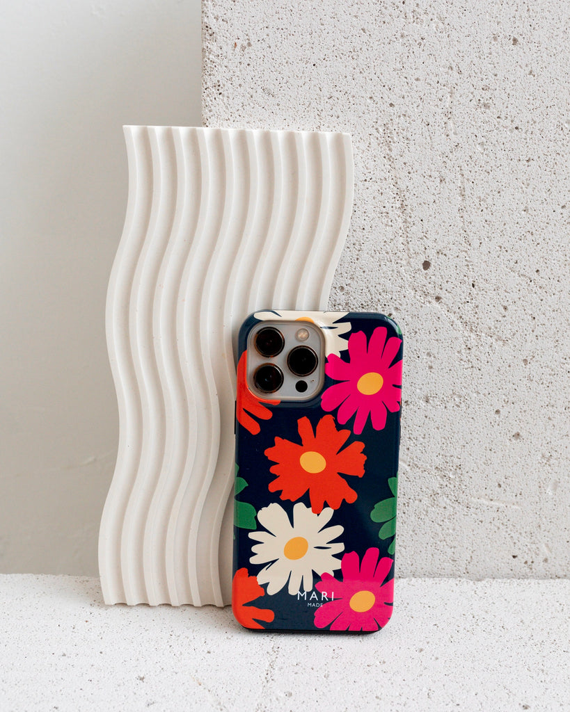 Dark blue phone case with flowers