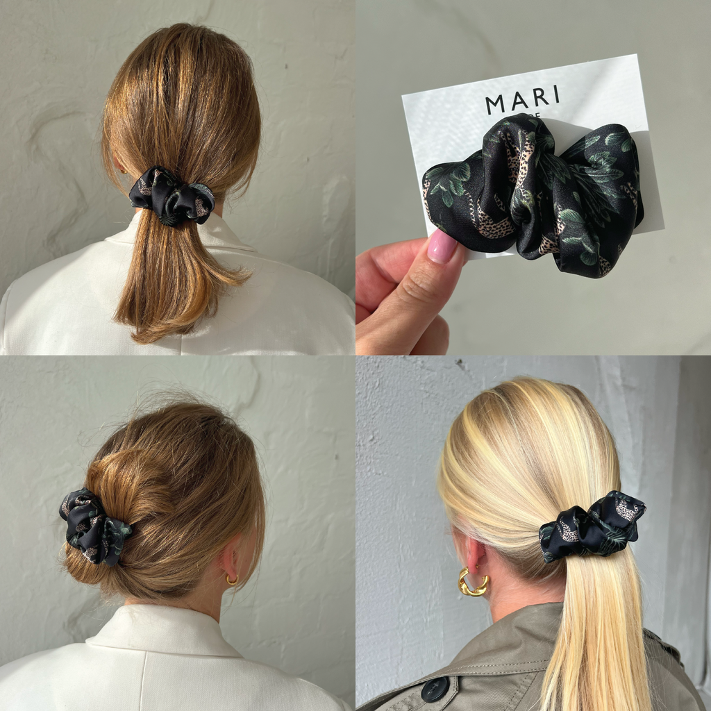 Black scrunchie hair clip with leopards