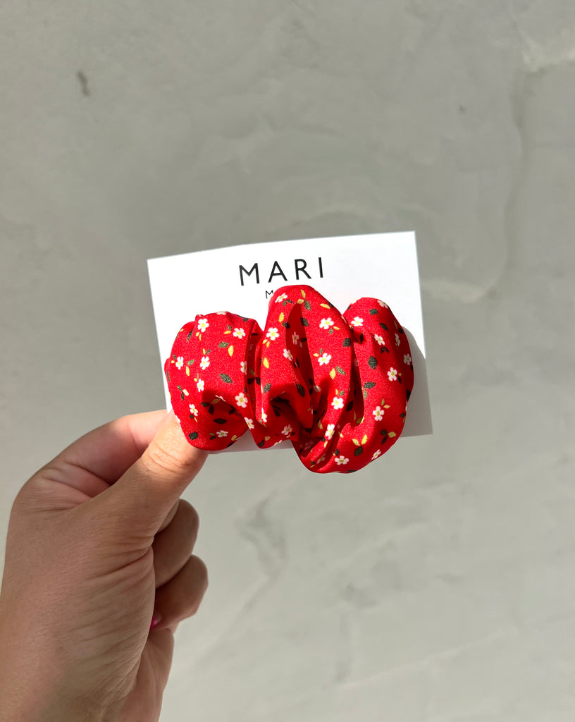 Red scrunchie hair clip with flowers