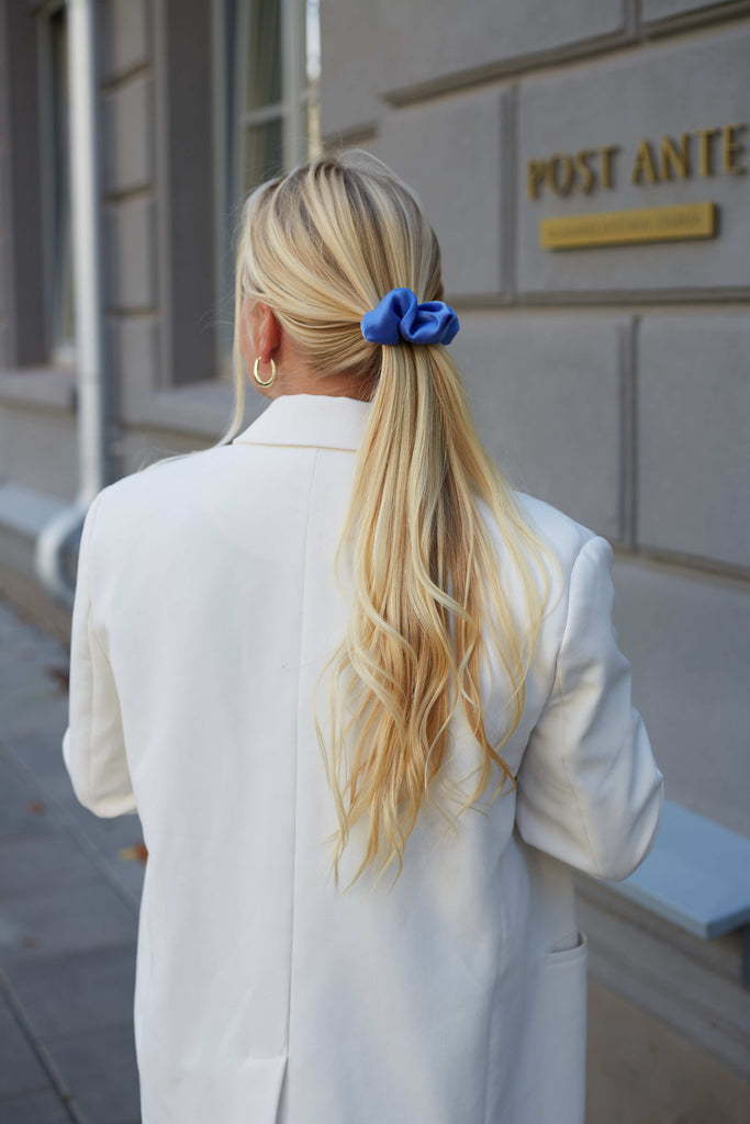 Bright blue scrunchie hair clip