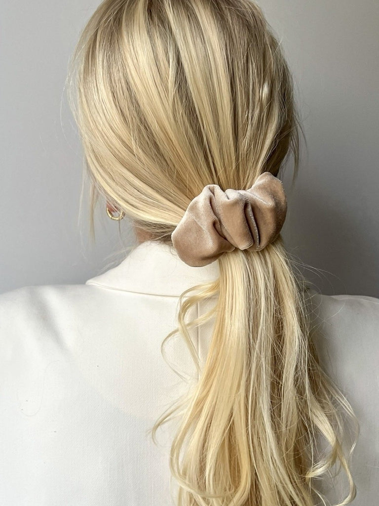 Velvet Nude Scrunchie Barrette and Swarovski Earrings